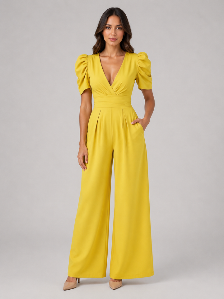 Wren | Puff Sleeve Open-Back Wide-Leg Jumpsuit