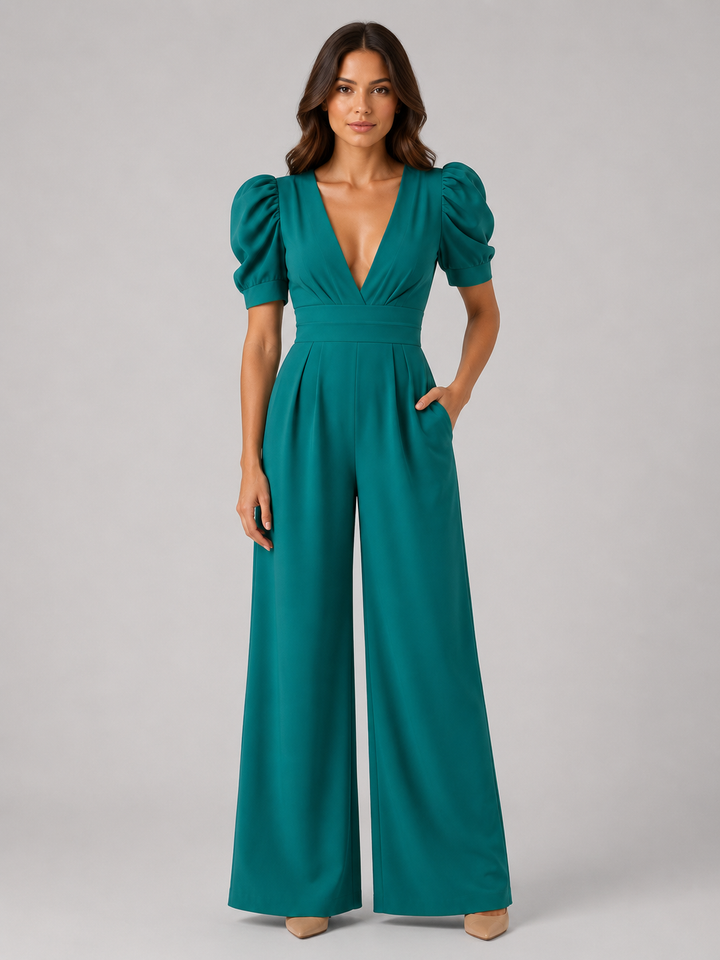 Wren | Puff Sleeve Open-Back Wide-Leg Jumpsuit