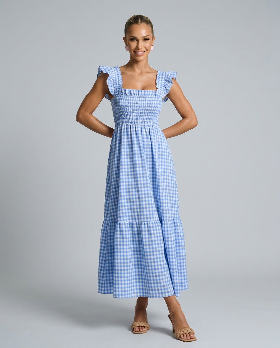 Celeste | Smocked Gingham Ruffle Sleeve Maxi Dress