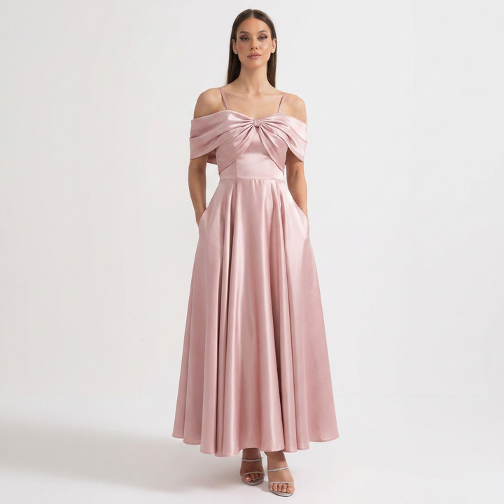 Coralie | Women’s Blush Pink Satin Off-Shoulder Maxi Dress with Draped Bow Detail
