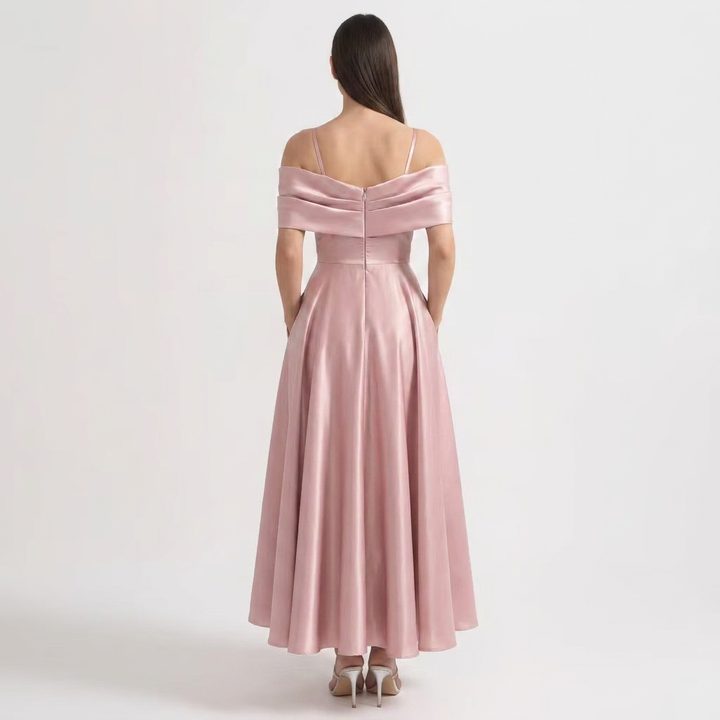 Coralie | Women’s Blush Pink Satin Off-Shoulder Maxi Dress with Draped Bow Detail