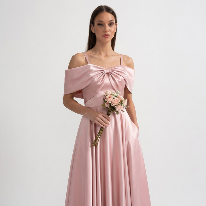 Coralie | Women’s Blush Pink Satin Off-Shoulder Maxi Dress with Draped Bow Detail