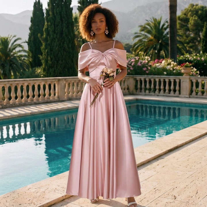 Coralie | Women’s Blush Pink Satin Off-Shoulder Maxi Dress with Draped Bow Detail