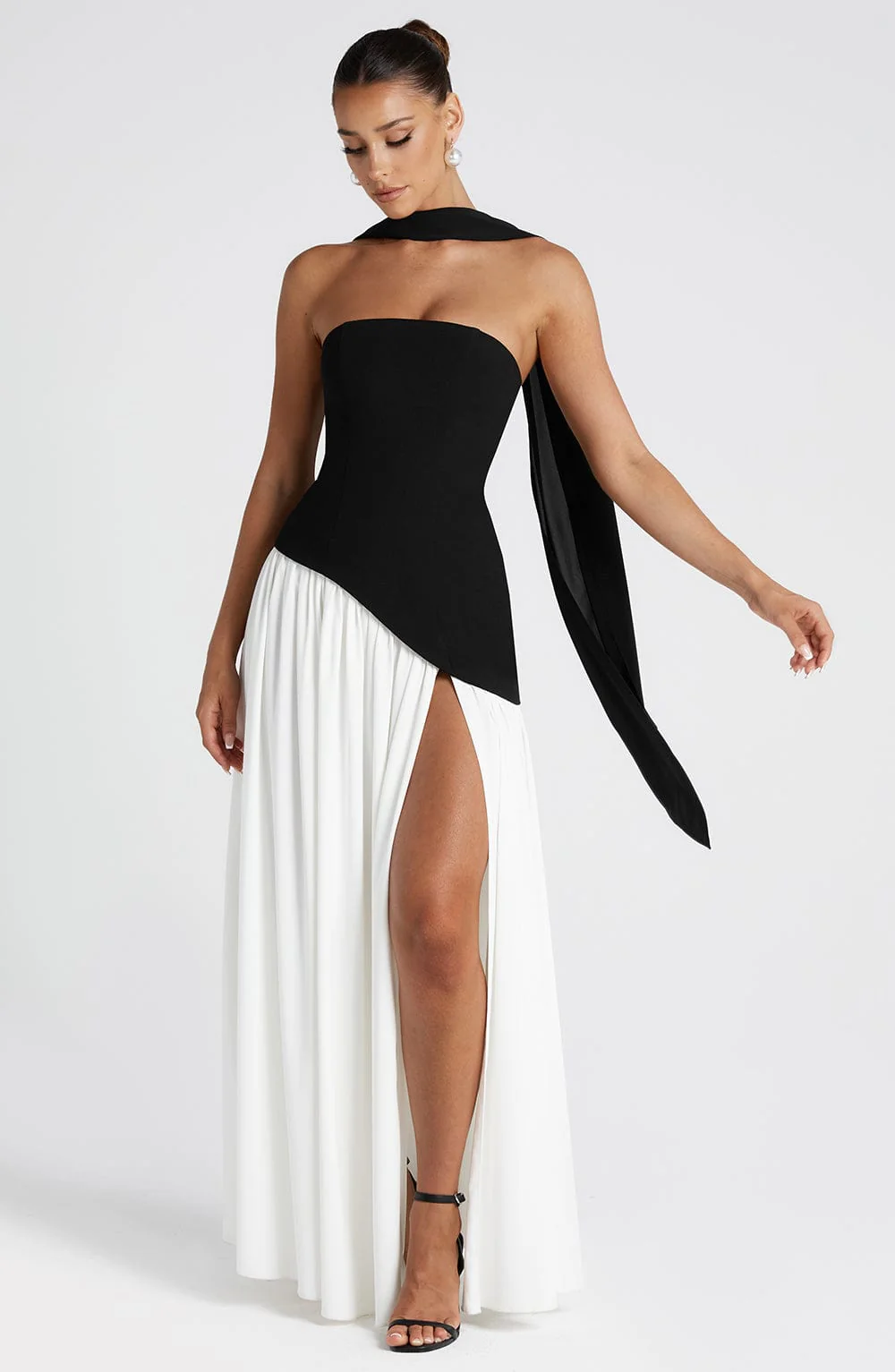 Crimson Allure | Strapless Maxi Gown with Matching Scarf