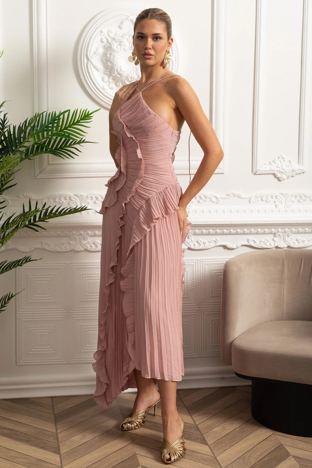 Opal | Pleated Halter Cascading Ruffle Midi Dress