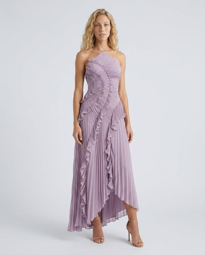 Oriel | Pleated Frill Halter Neck Midi Dress