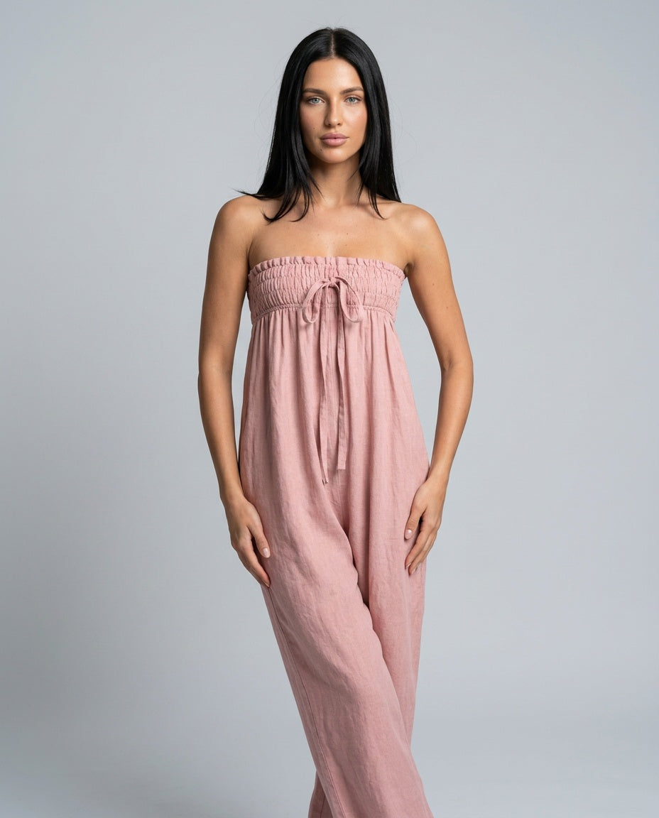 Ivy | Linen Blend Strapless Jumpsuit with Tie Closure