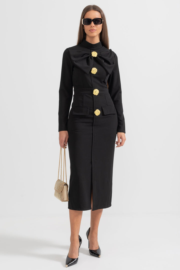Lena | Bow-Collar Long-Sleeve Midi Dress