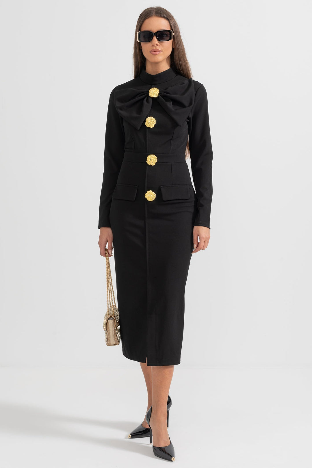 Lena | Bow-Collar Long-Sleeve Midi Dress
