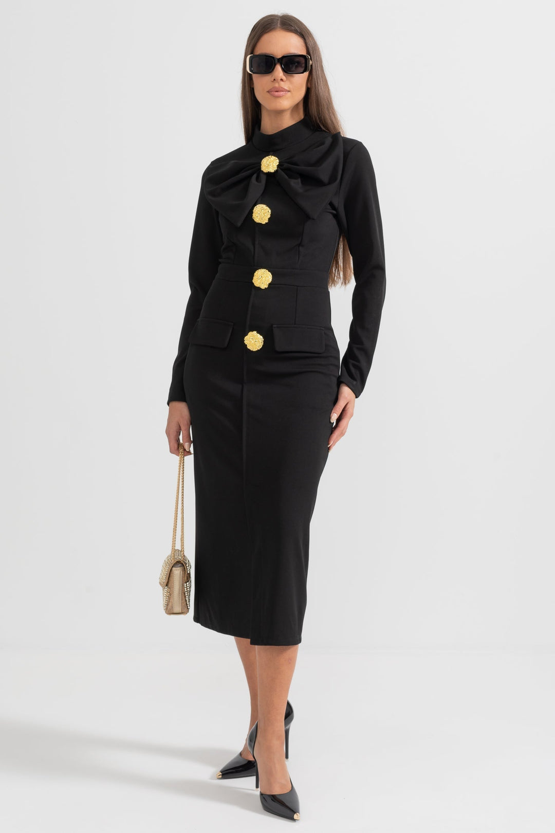 Lena | Bow-Collar Long-Sleeve Midi Dress