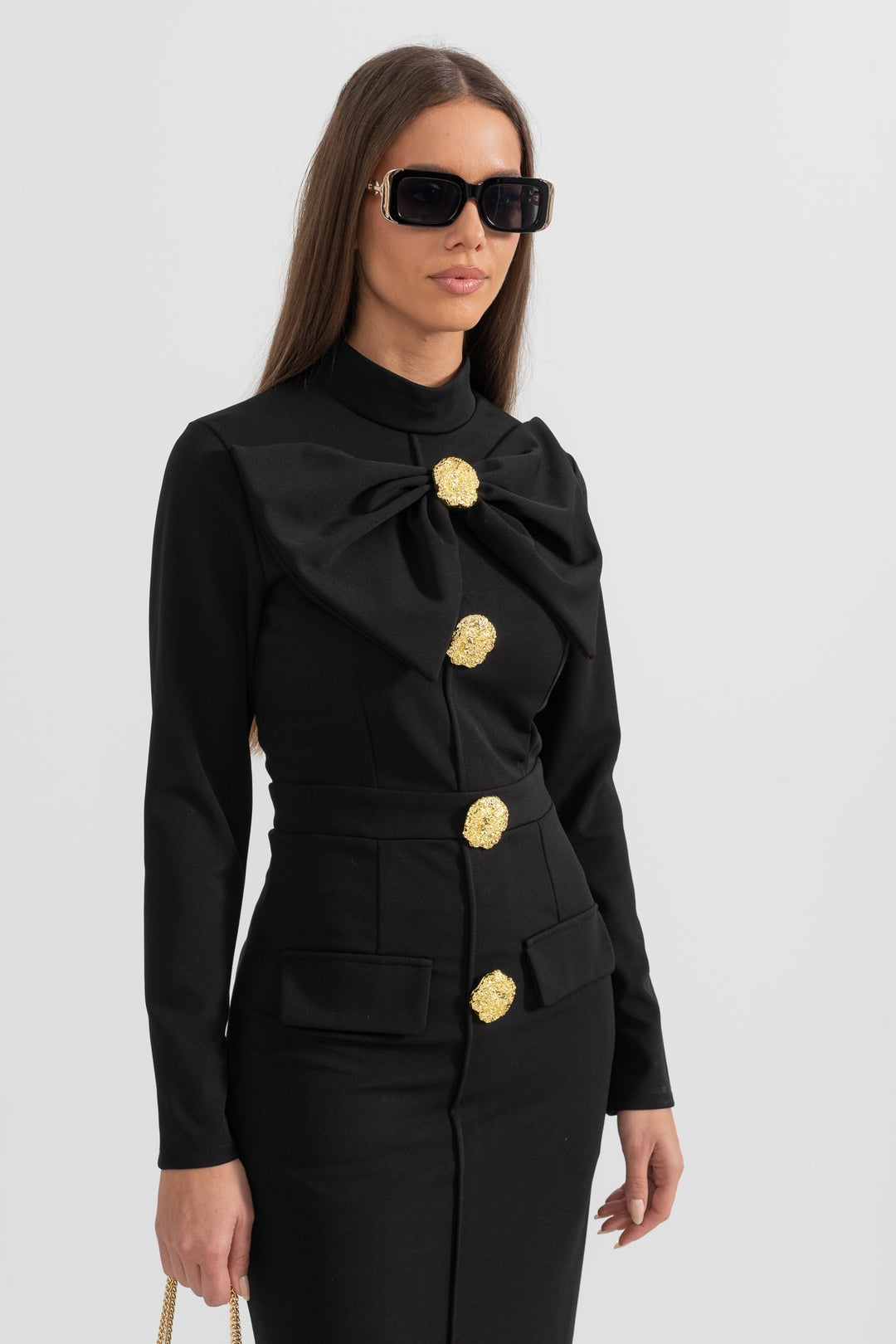 Lena | Bow-Collar Long-Sleeve Midi Dress