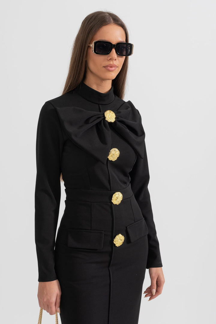 Lena | Bow-Collar Long-Sleeve Midi Dress