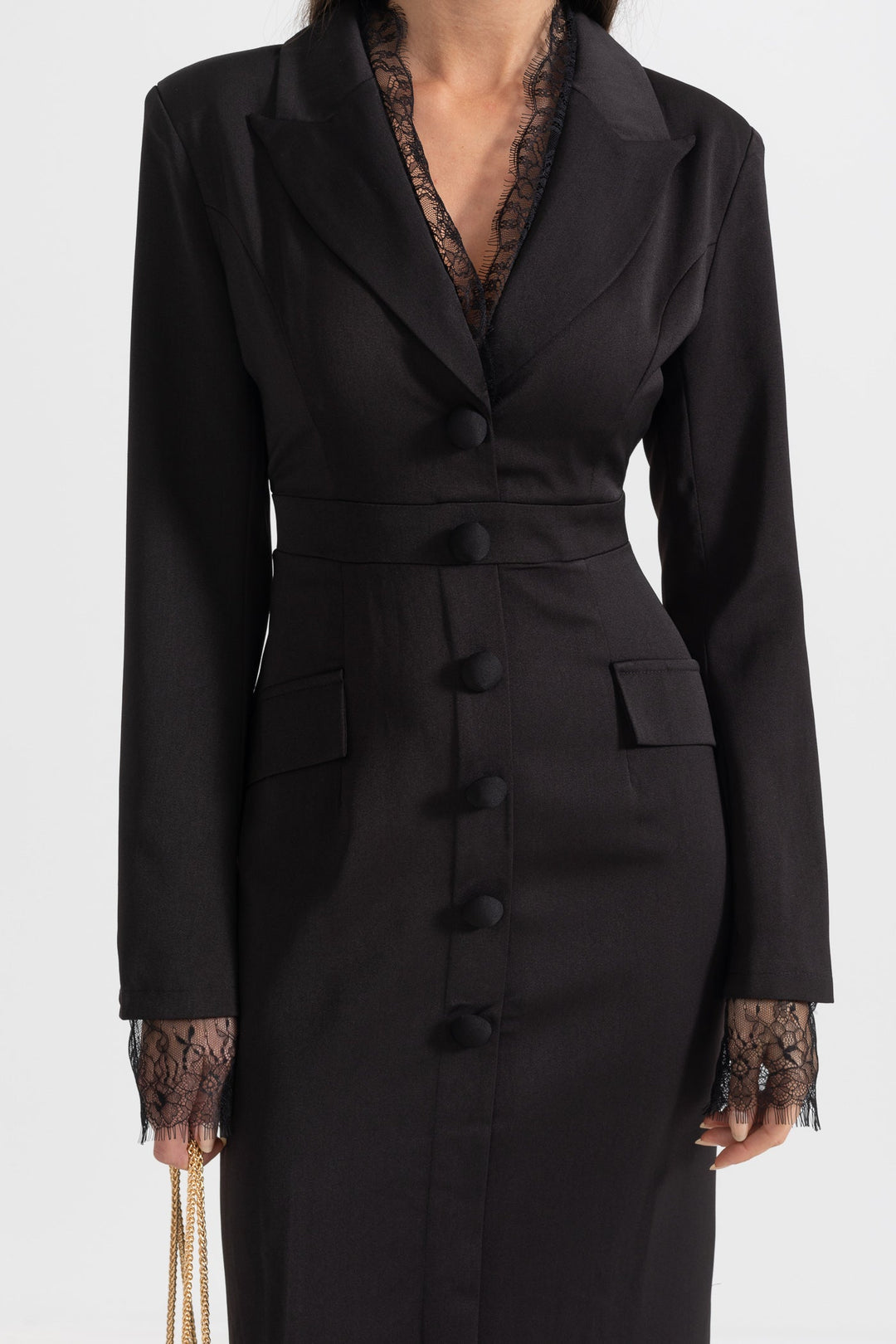 Reva | Buttoned Lace-Trim Midi Dress