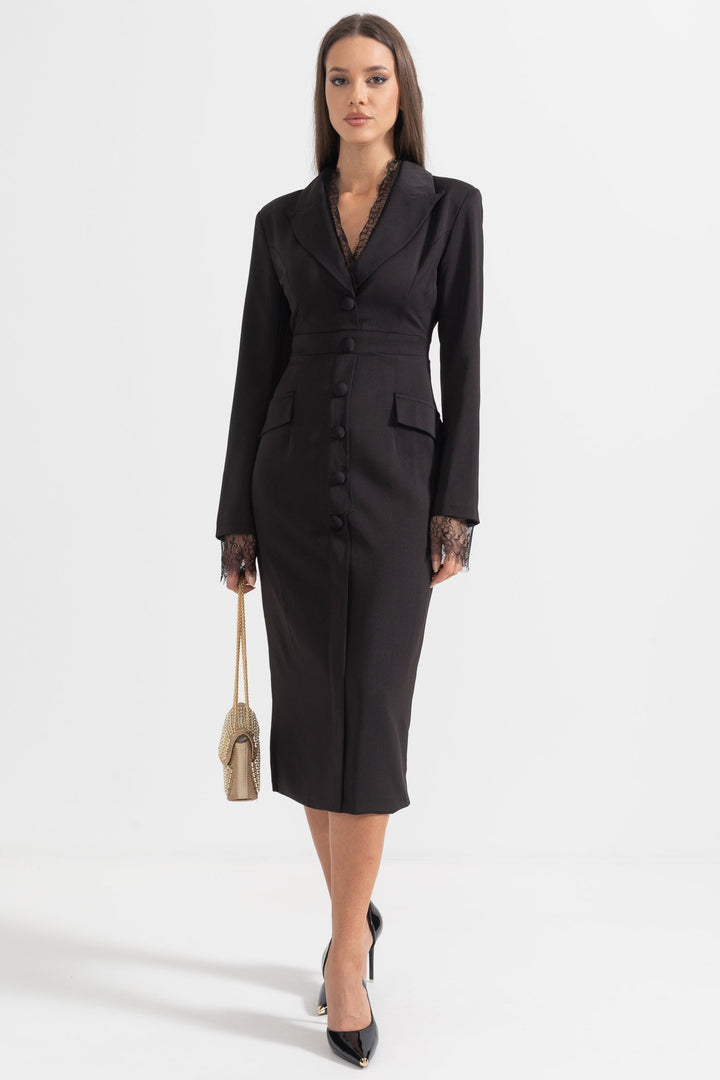 Reva | Buttoned Lace-Trim Midi Dress