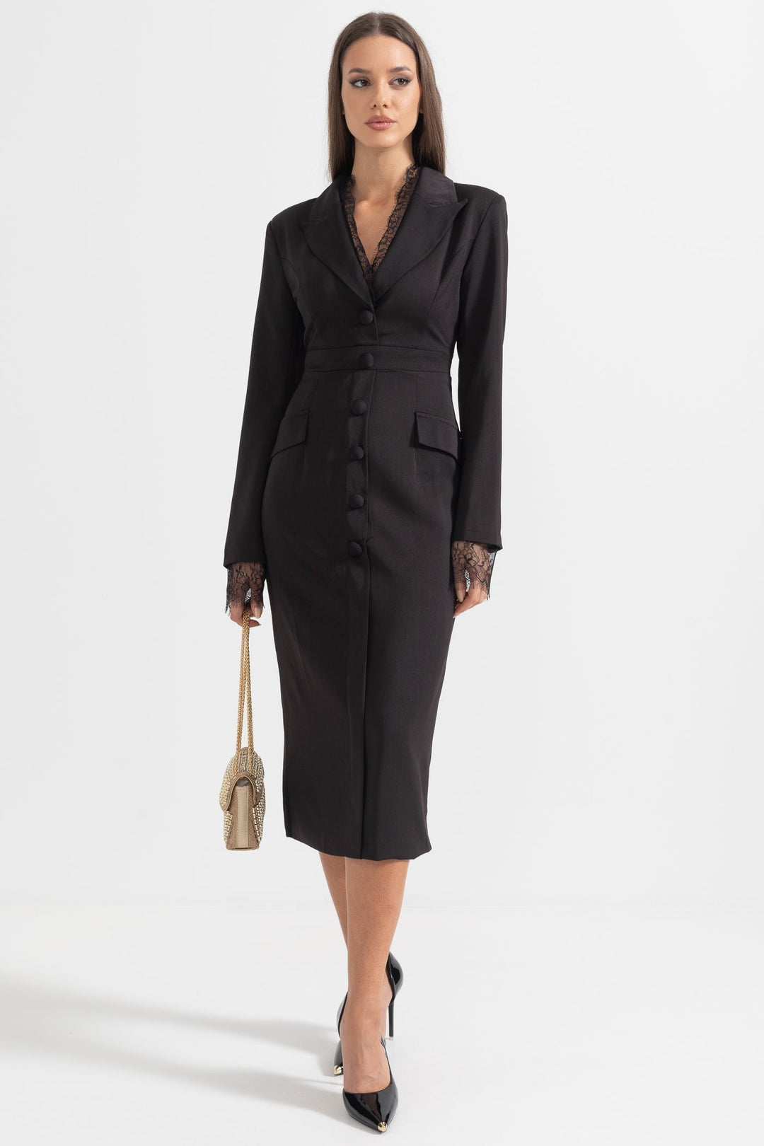Reva | Buttoned Lace-Trim Midi Dress
