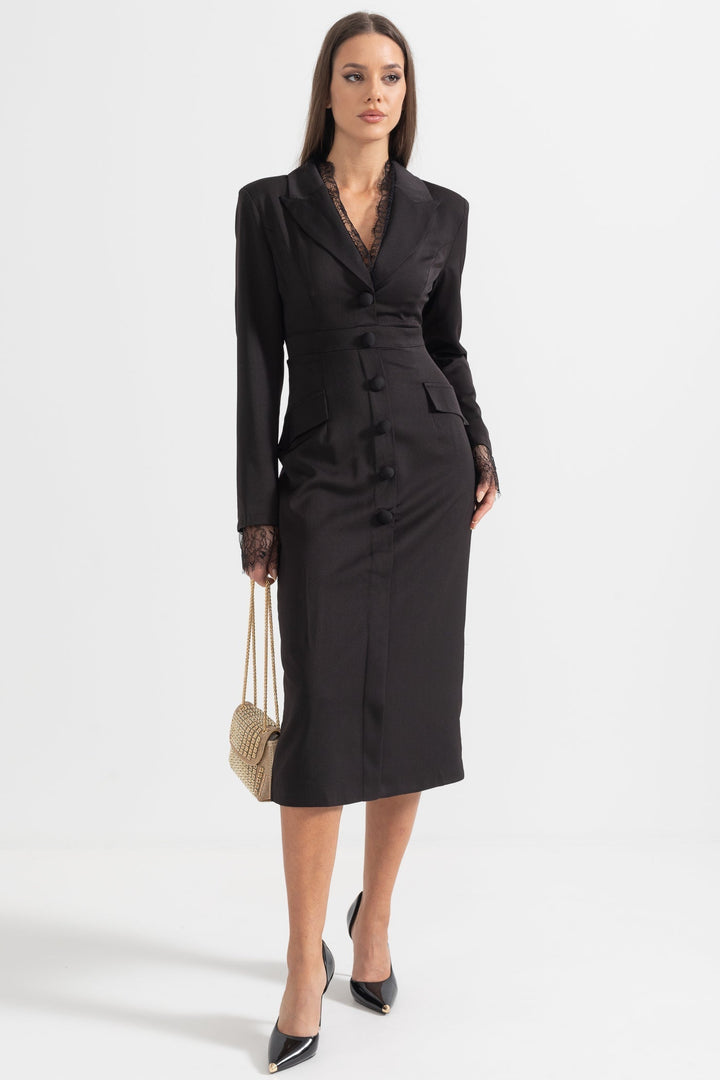 Reva | Buttoned Lace-Trim Midi Dress