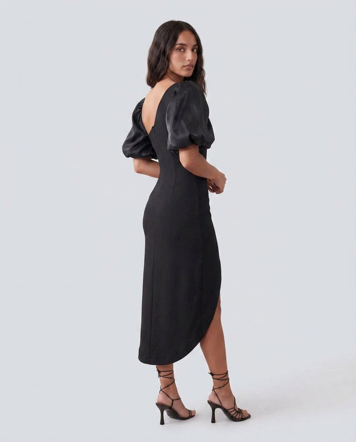 Avery | Asymmetric Plunge Neck Midi Dress
