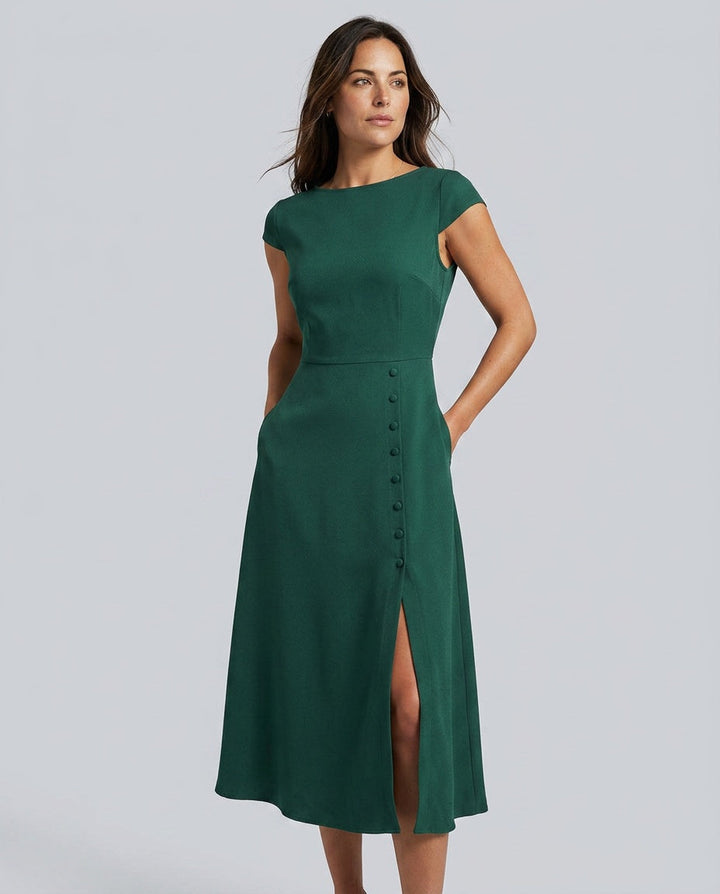 Delia | Boat Neck Cutout Back Midi Dress
