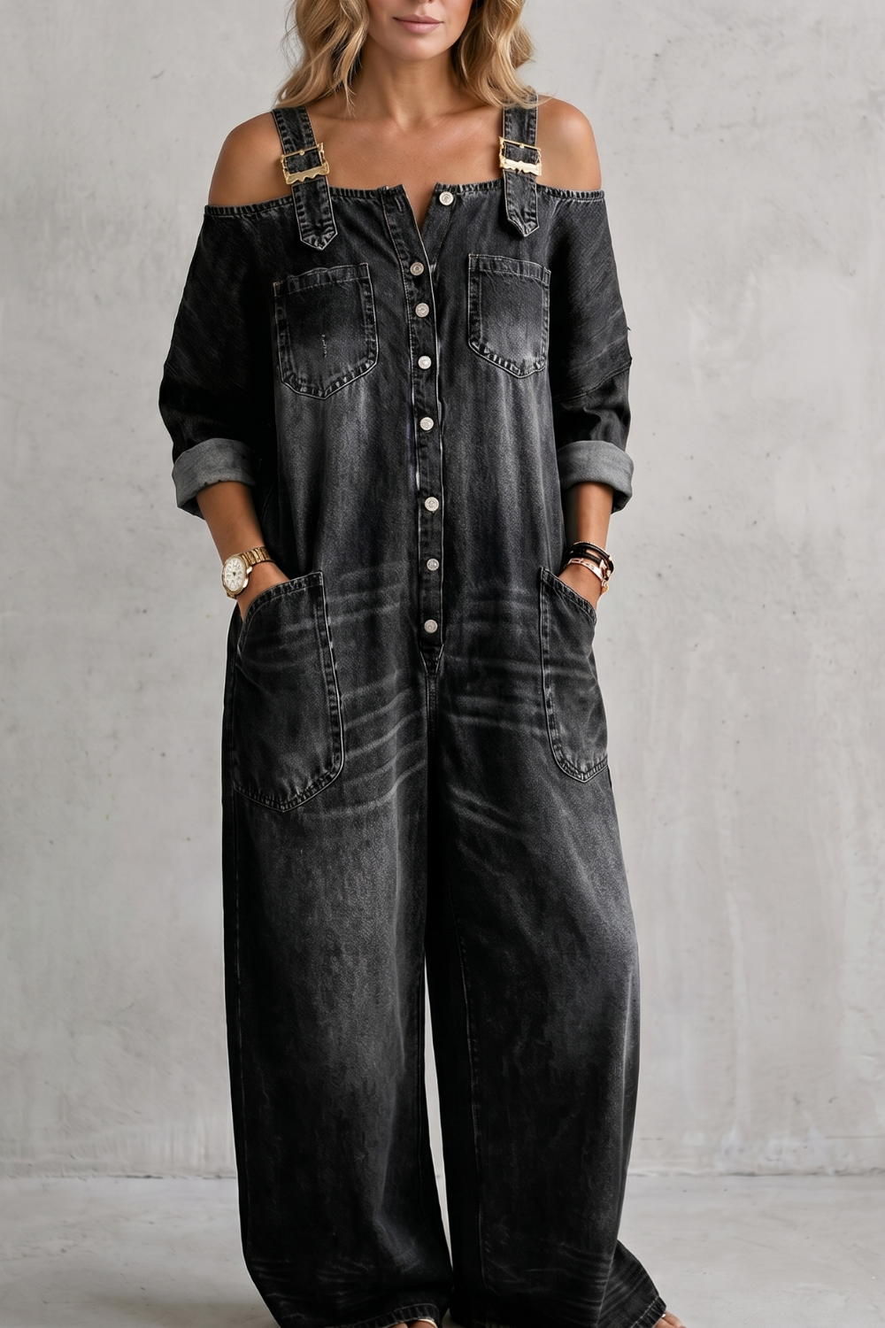 Denimora | Off-Shoulder Wide-Leg Overalls