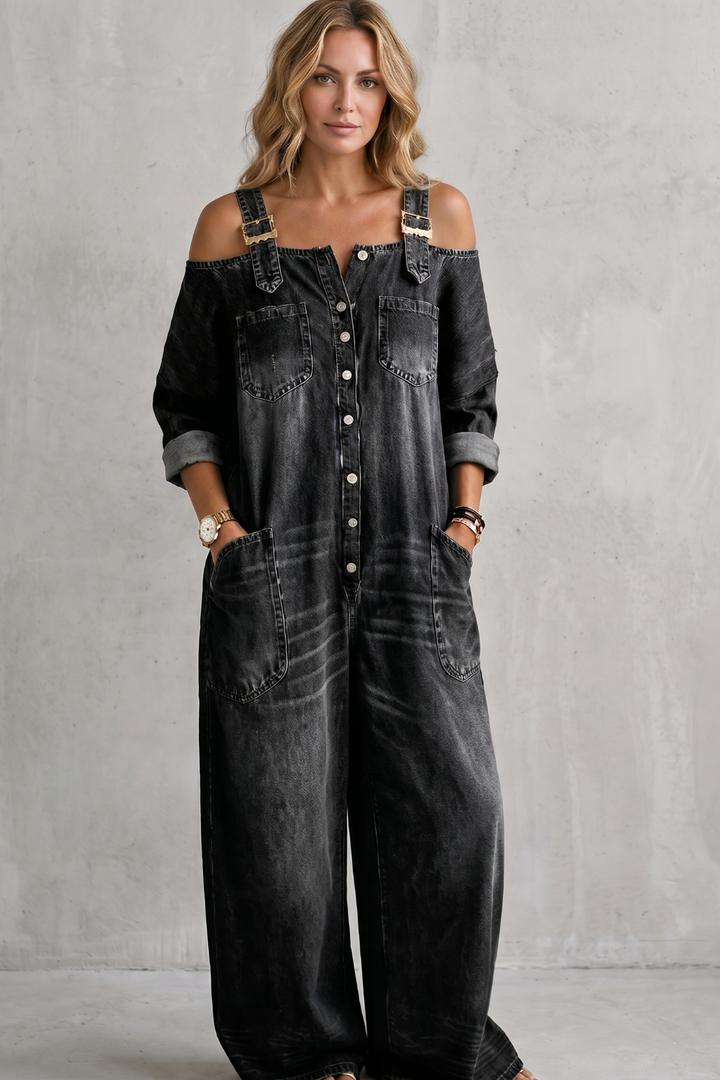 Denimora | Off-Shoulder Wide-Leg Overalls