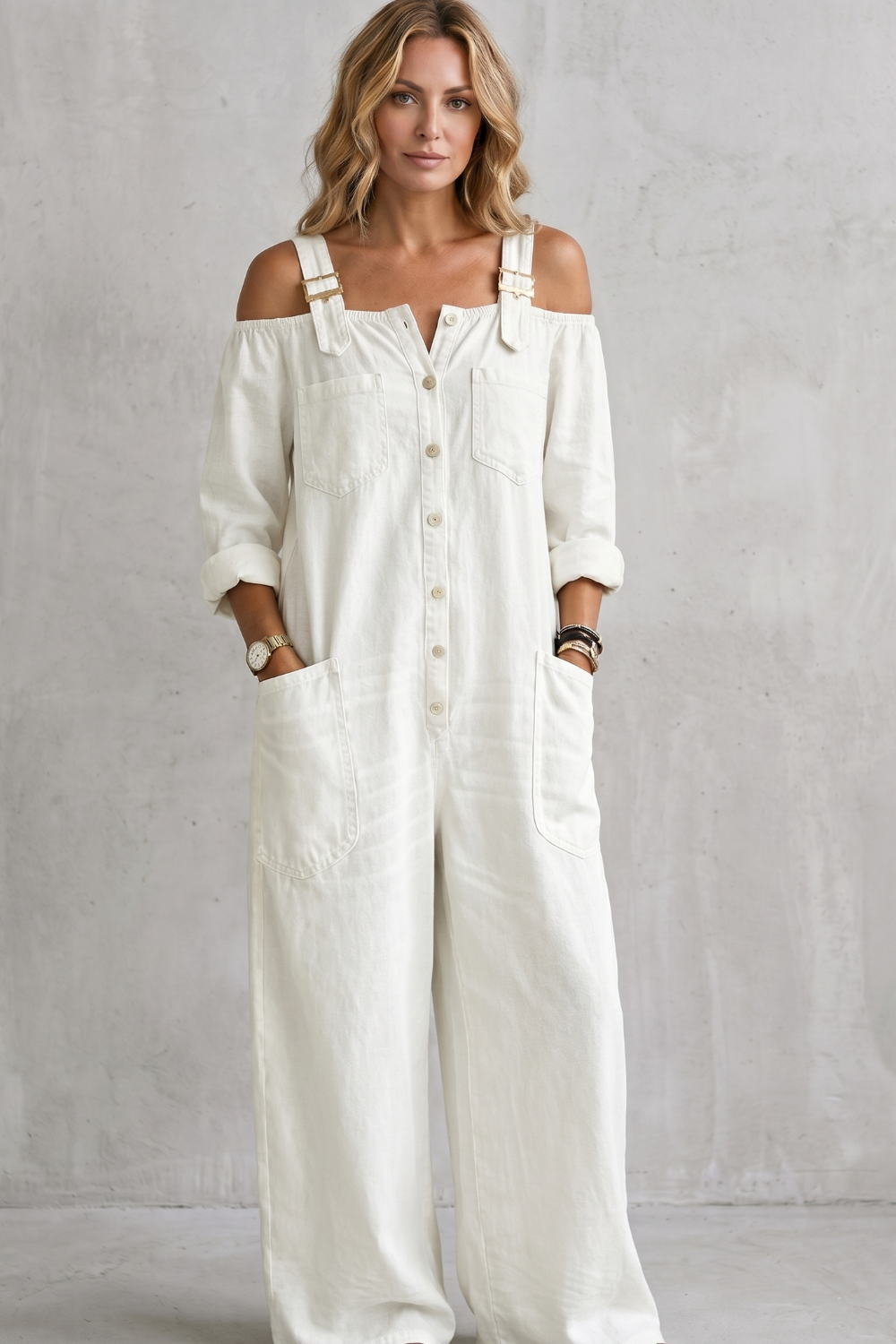 Denimora | Off-Shoulder Wide-Leg Overalls