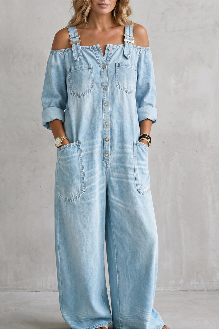 Denimora | Off-Shoulder Wide-Leg Overalls
