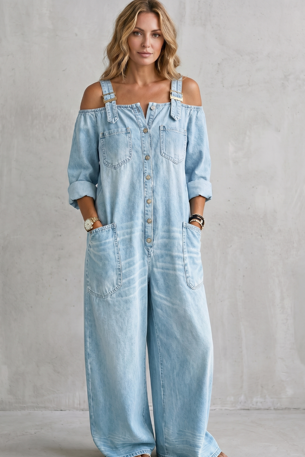 Denimora | Off-Shoulder Wide-Leg Overalls