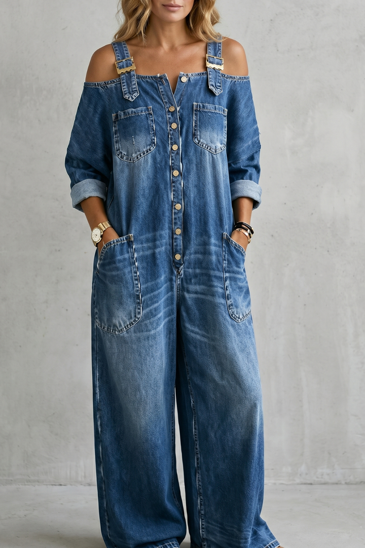 Denimora | Off-Shoulder Wide-Leg Overalls