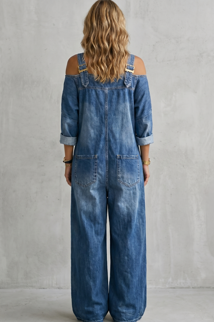 Denimora | Off-Shoulder Wide-Leg Overalls