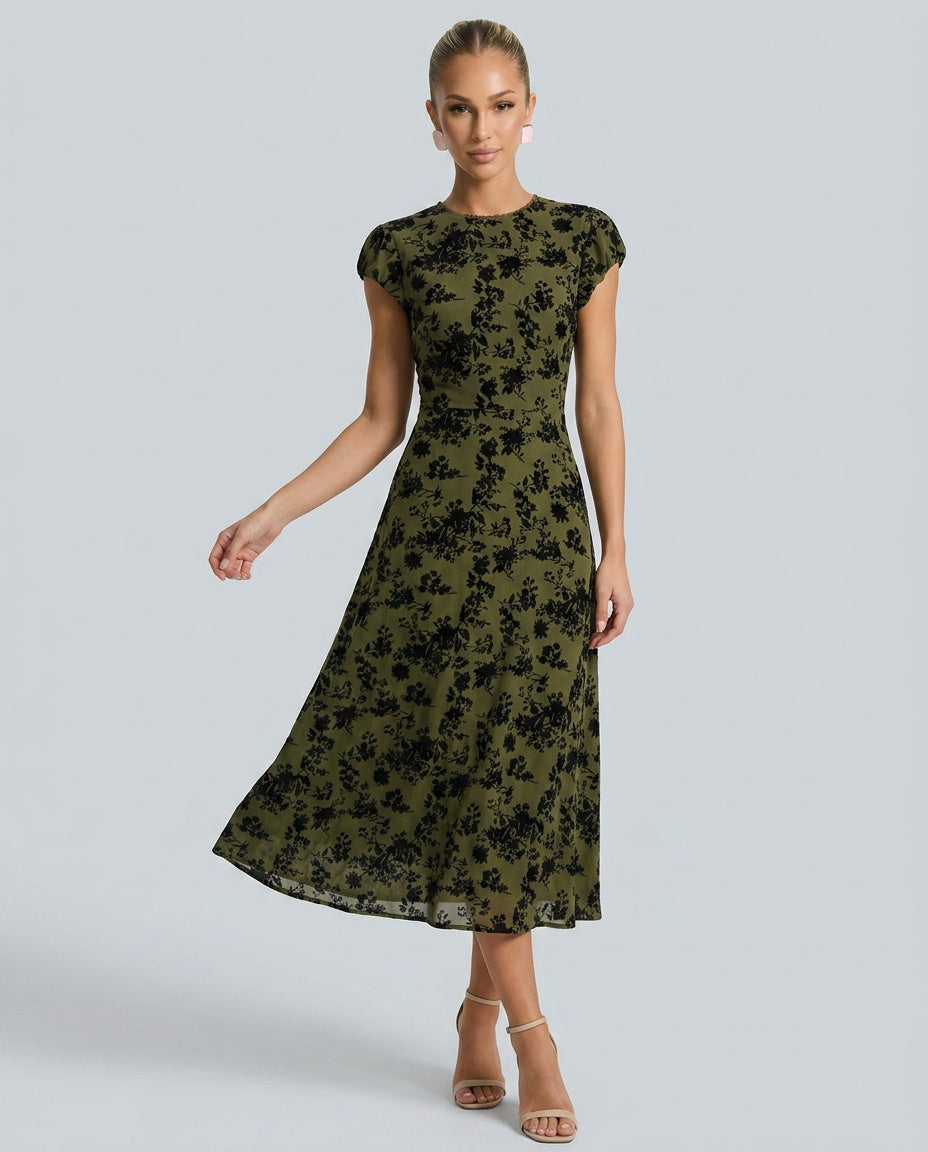 Sabine | Floral Print Cap Sleeve A-Line Midi Dress