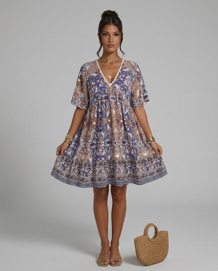 Giselle | V-Neck Flared Sleeve Paisley Mini Dress