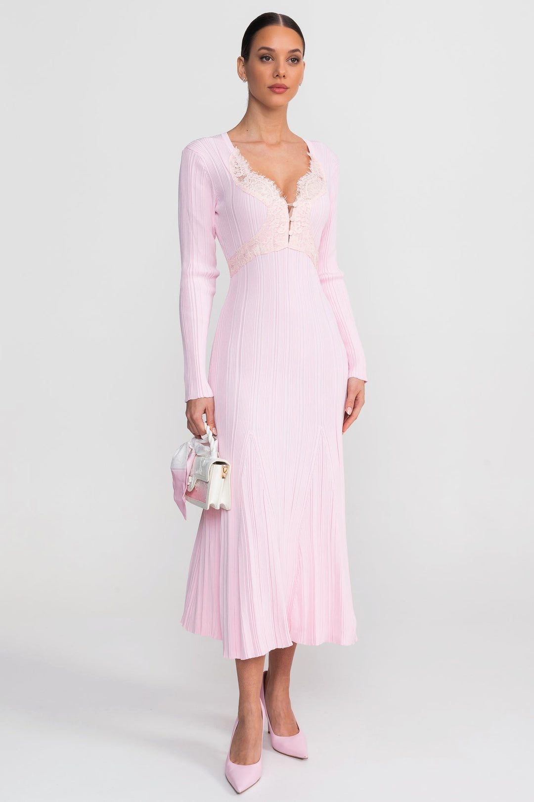 Nina | Ribbed Lace-Trim Long Sleeve Midi Dress