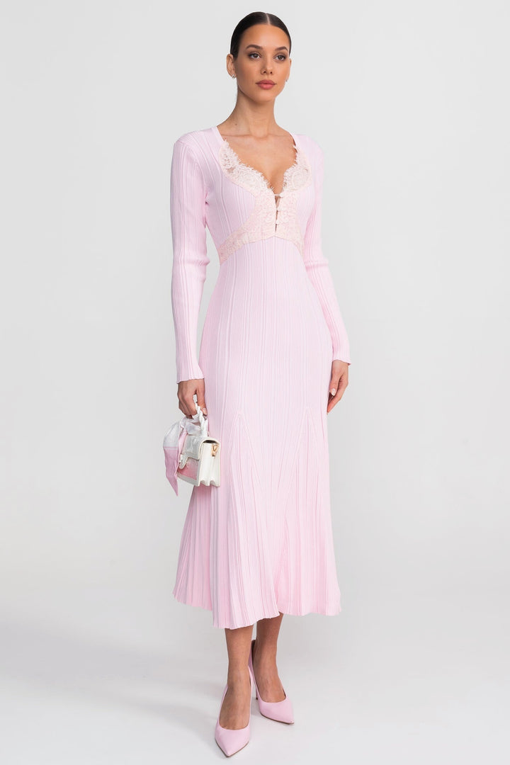 Nina | Ribbed Lace-Trim Long Sleeve Midi Dress