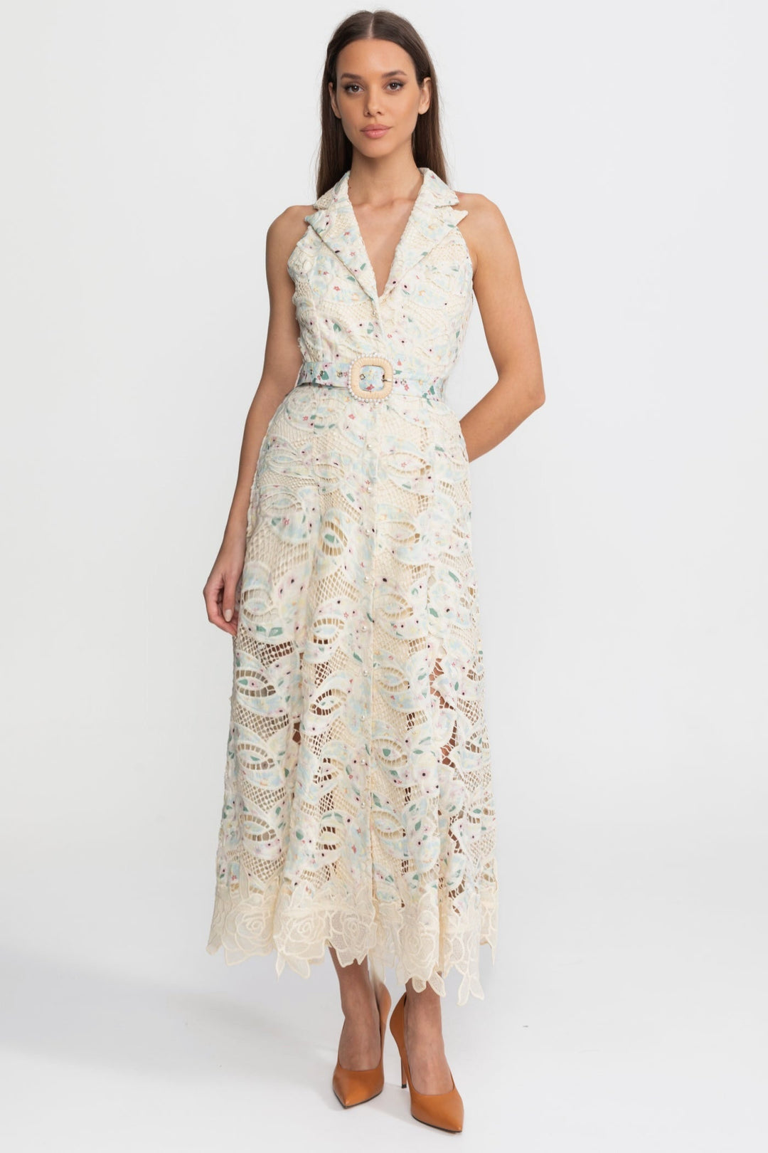 Fleur | Halter Neck Belted Lace Midi Dress