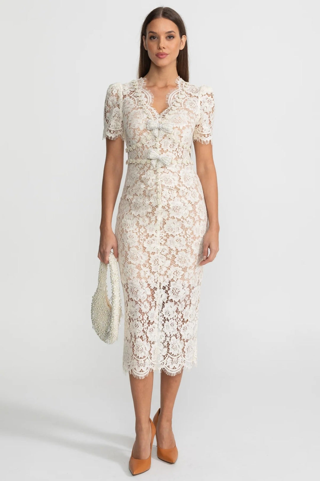Nina | Embellished Lace Bow Midi Dress