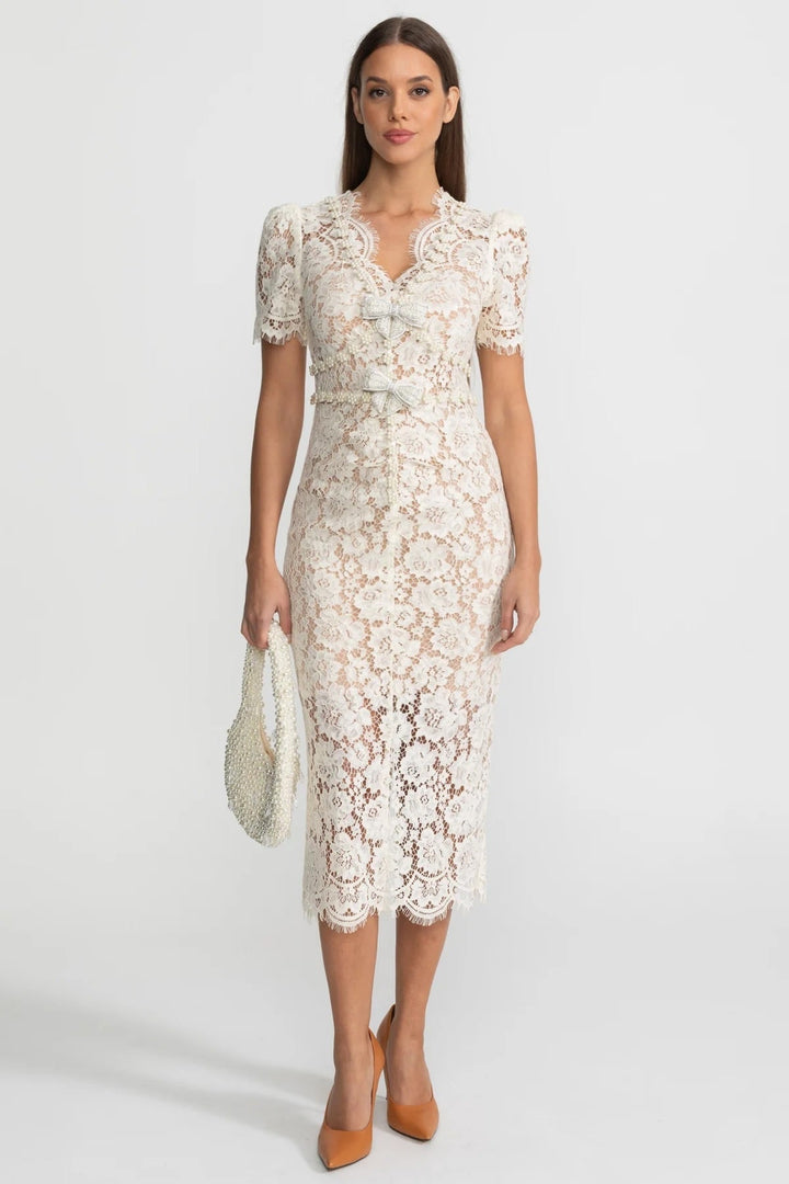 Nina | Embellished Lace Bow Midi Dress