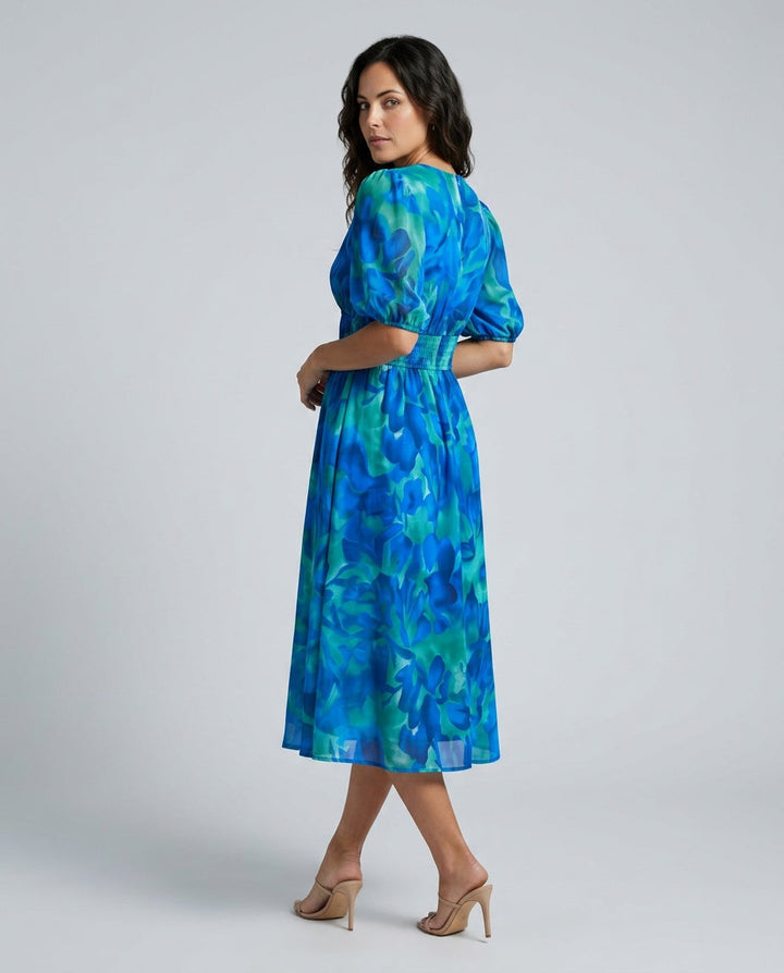 Mira | V-Neck Puff Sleeve Pleated Midi Dress