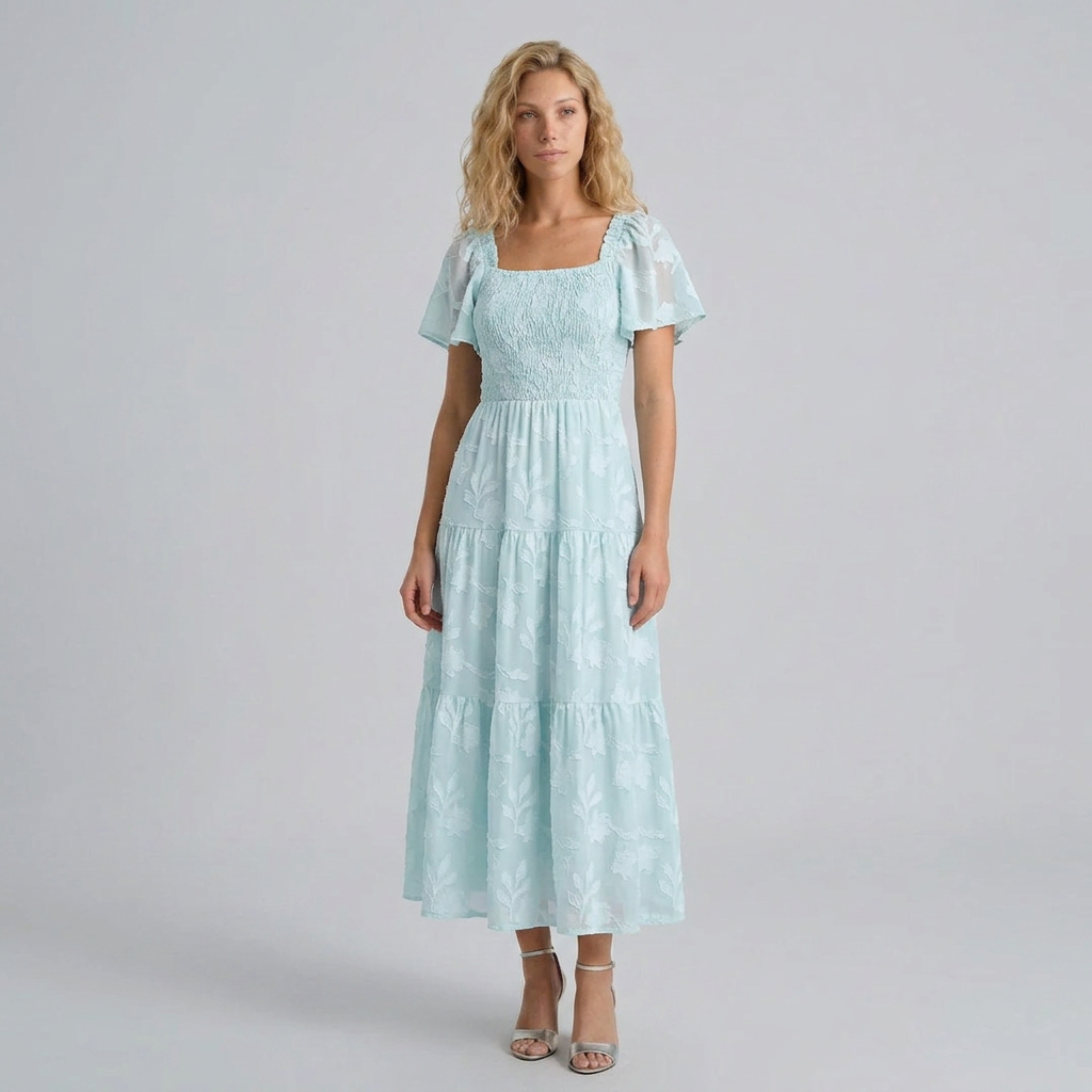 Edith | Women’s Square-Neck Tiered Maxi Dress with Flutter Sleeves