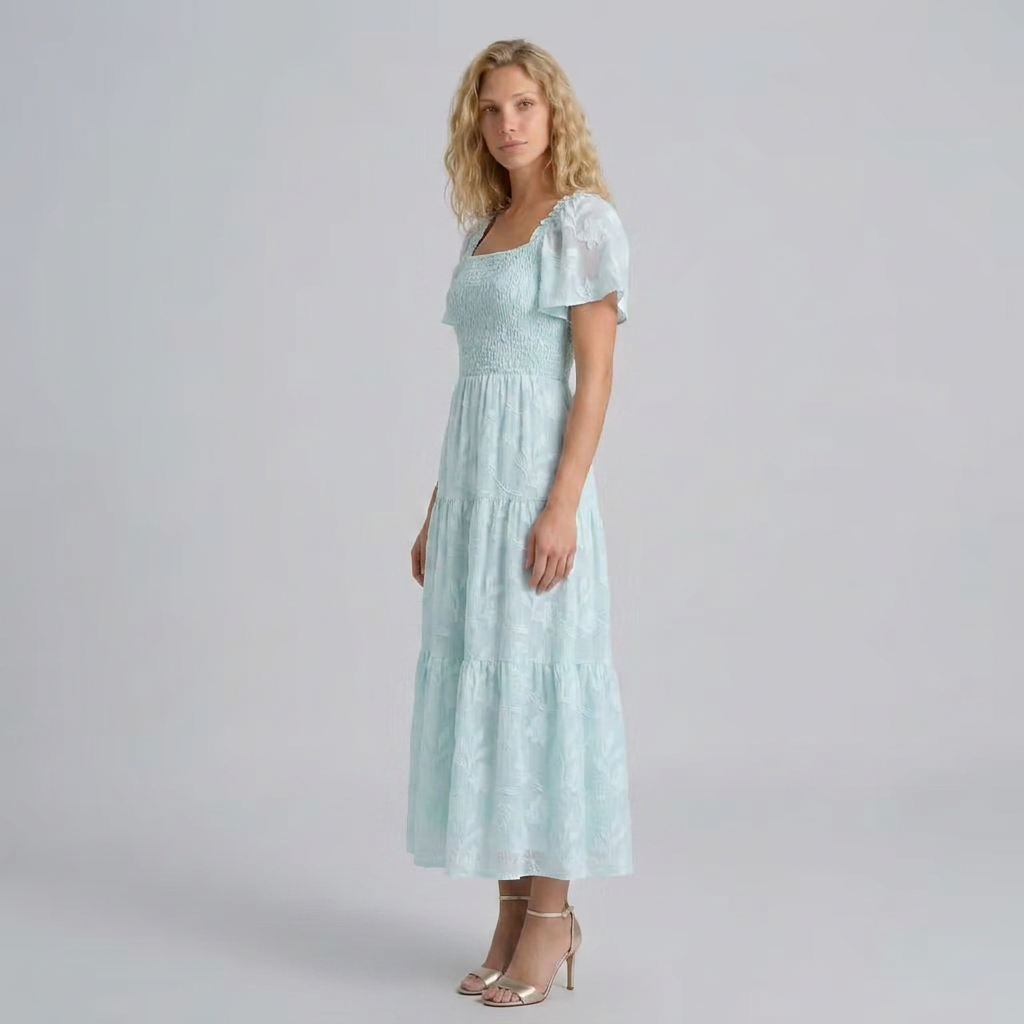 Edith | Women’s Square-Neck Tiered Maxi Dress with Flutter Sleeves
