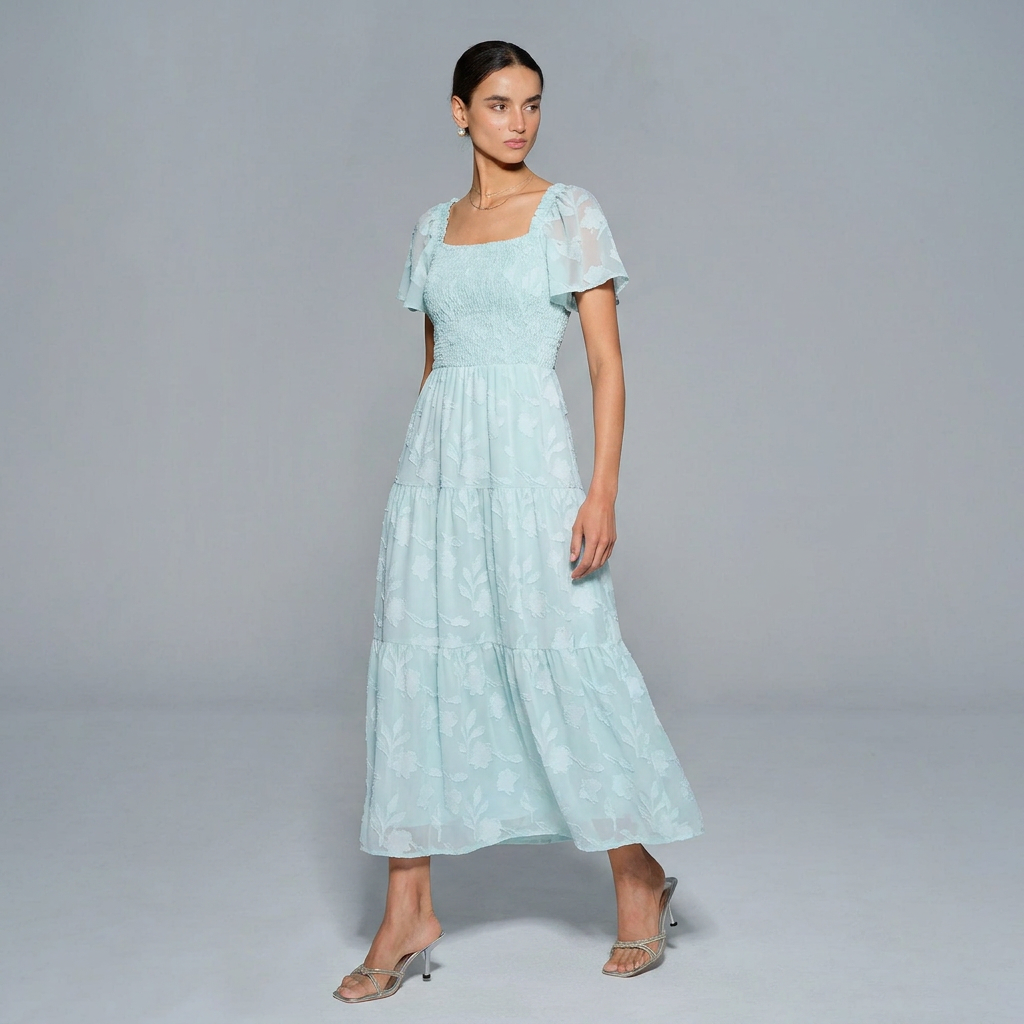 Edith | Women’s Square-Neck Tiered Maxi Dress with Flutter Sleeves