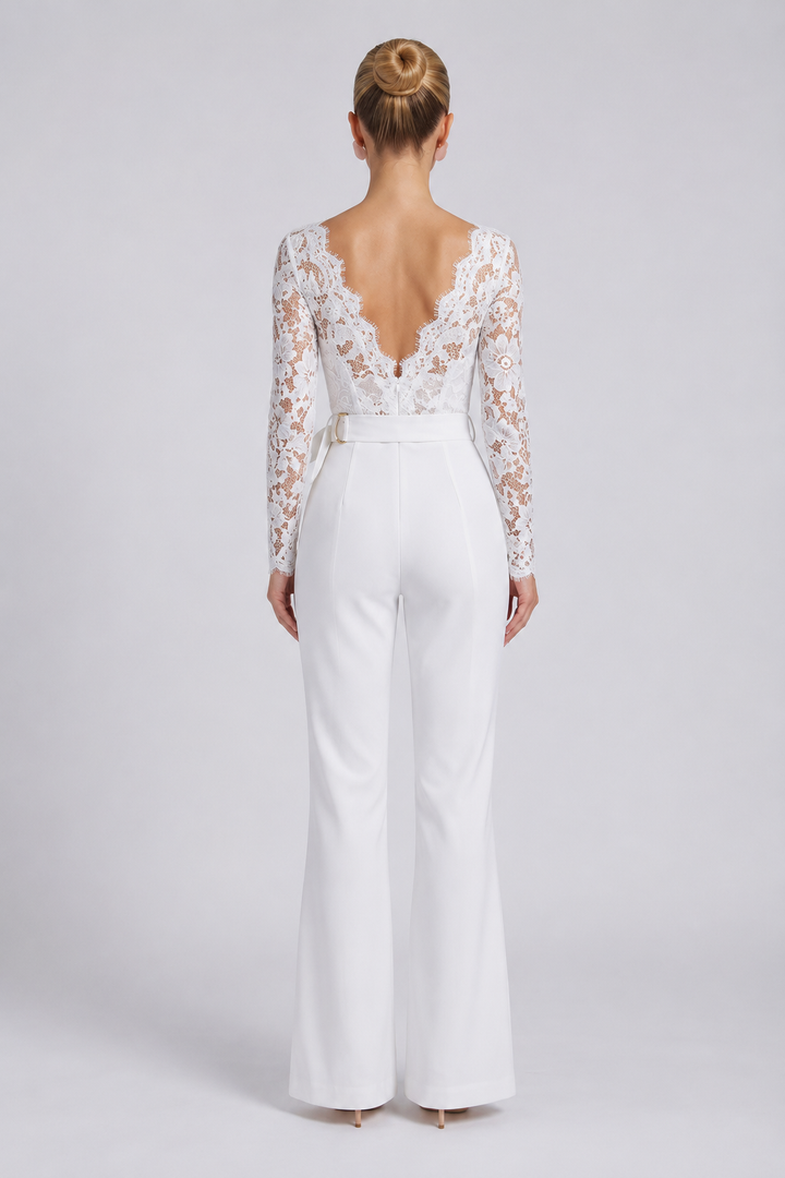 Elara | Deep V-Neck Floral Lace Jumpsuit with Tailored Wide-Leg Fit