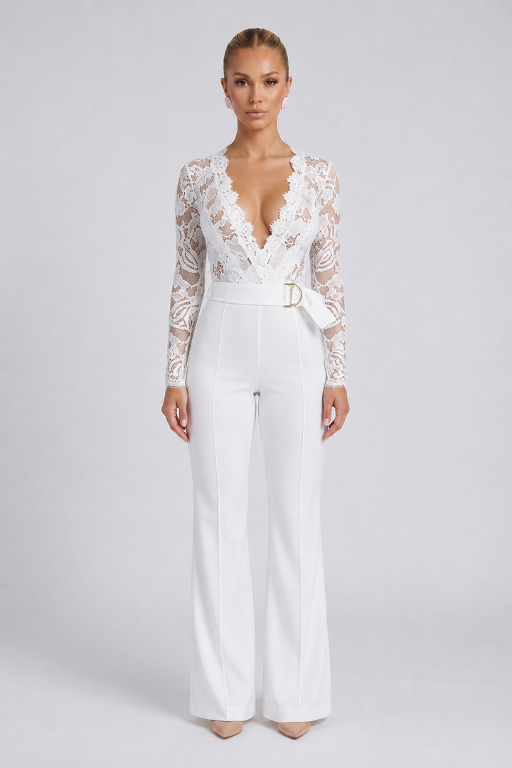 Elara | Deep V-Neck Floral Lace Jumpsuit with Tailored Wide-Leg Fit