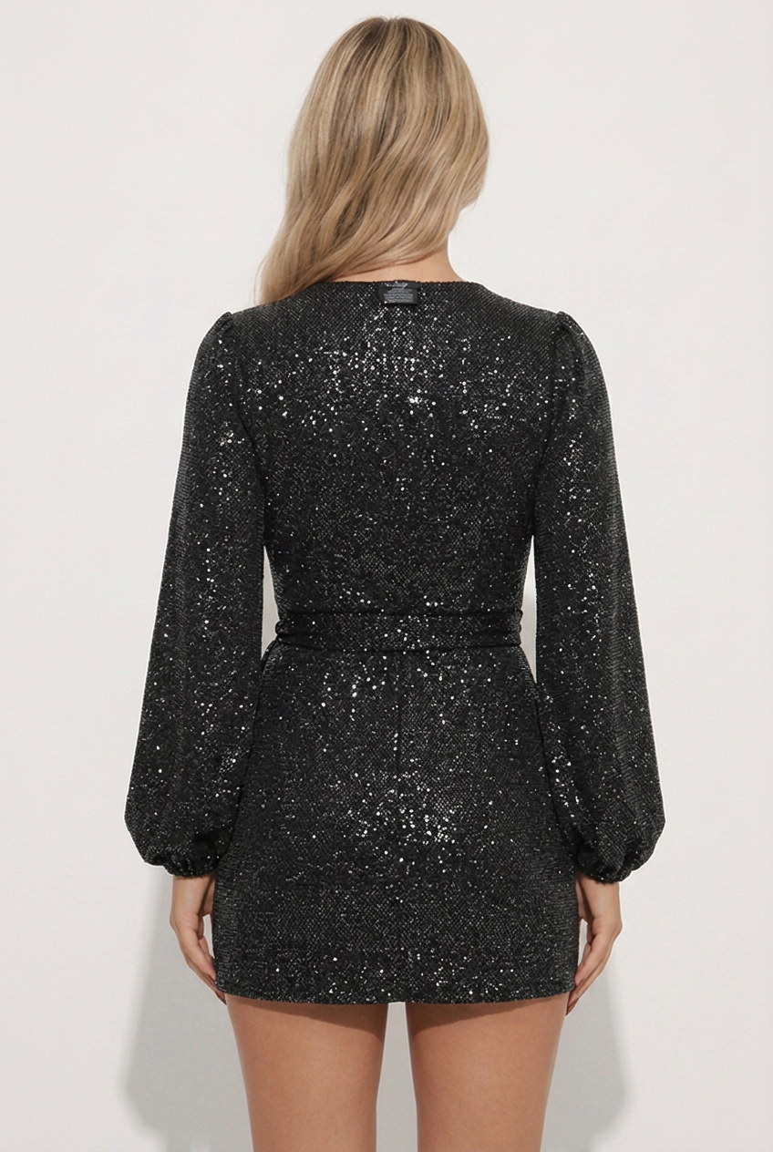 Elara | Sequin Wrap Romper with Balloon Sleeves