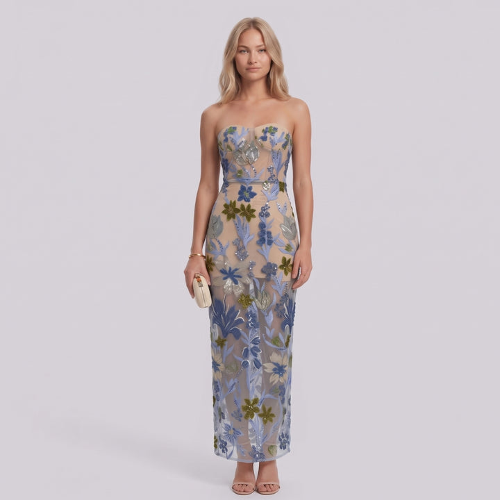 Elara | Strapless Floral Sequin Maxi Dress