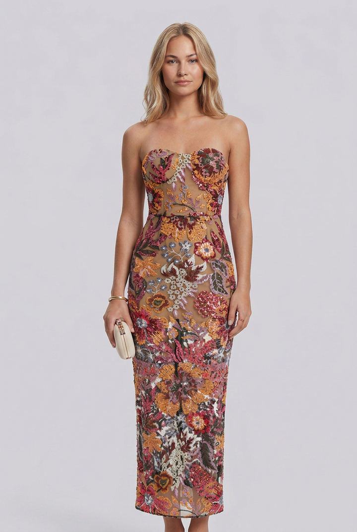 Elara | Strapless Floral Sequin Maxi Dress