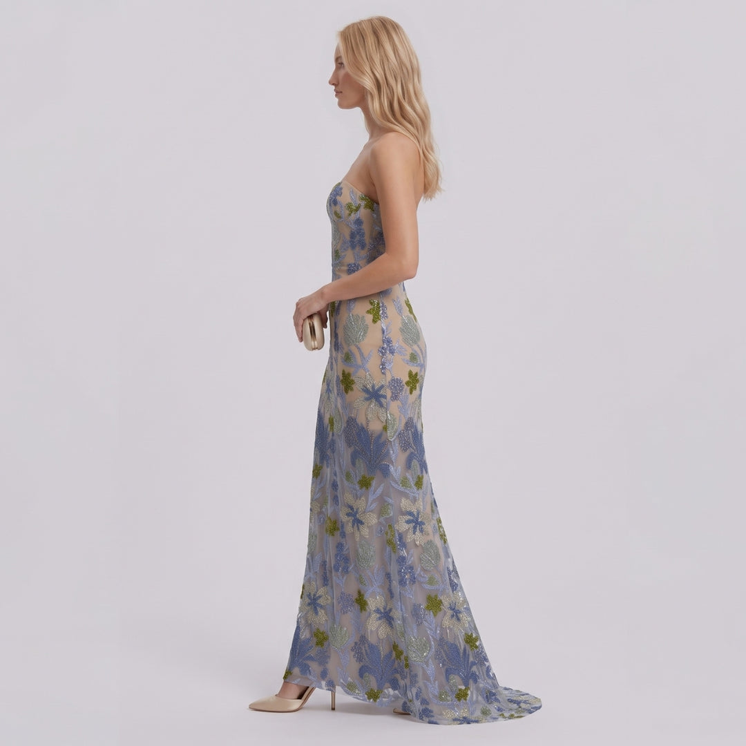 Elara | Strapless Floral Sequin Maxi Dress