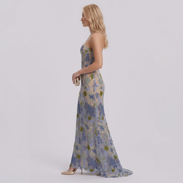 Elara | Strapless Floral Sequin Maxi Dress