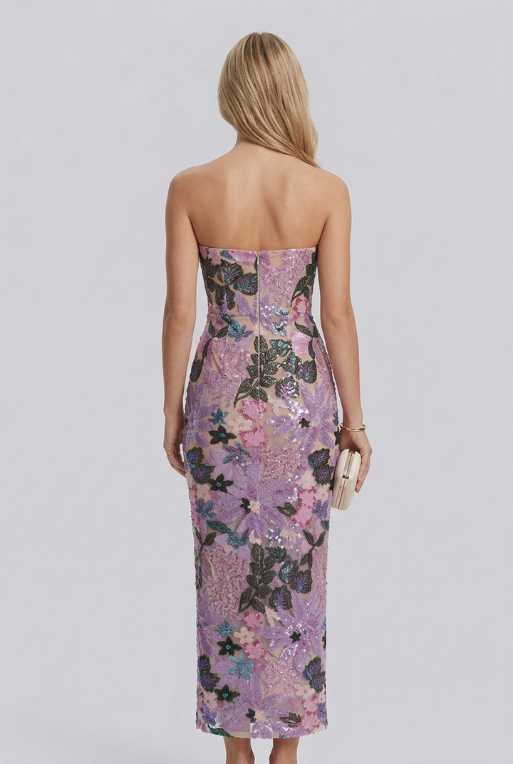 Elara | Strapless Floral Sequin Maxi Dress