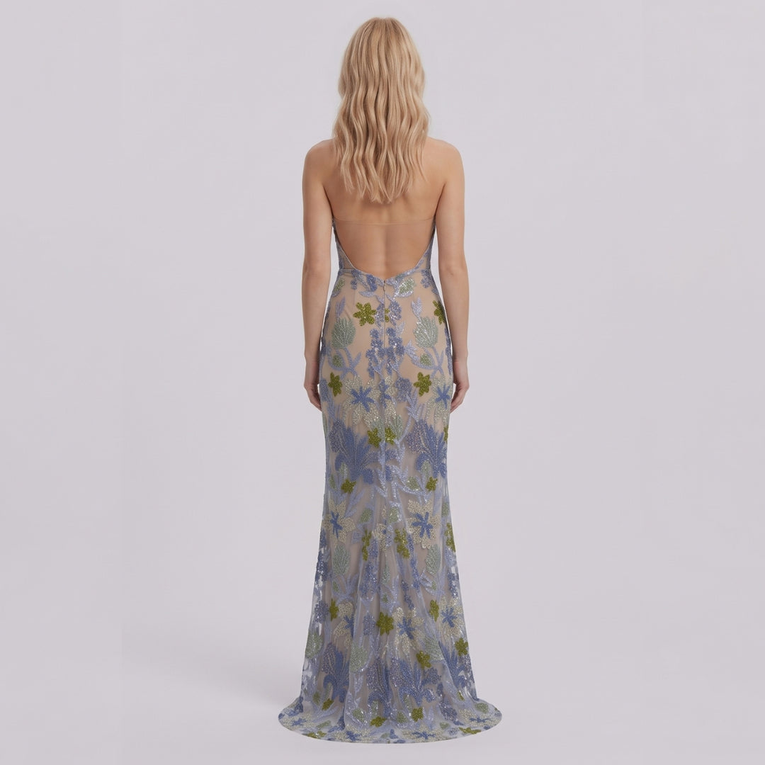 Elara | Strapless Floral Sequin Maxi Dress