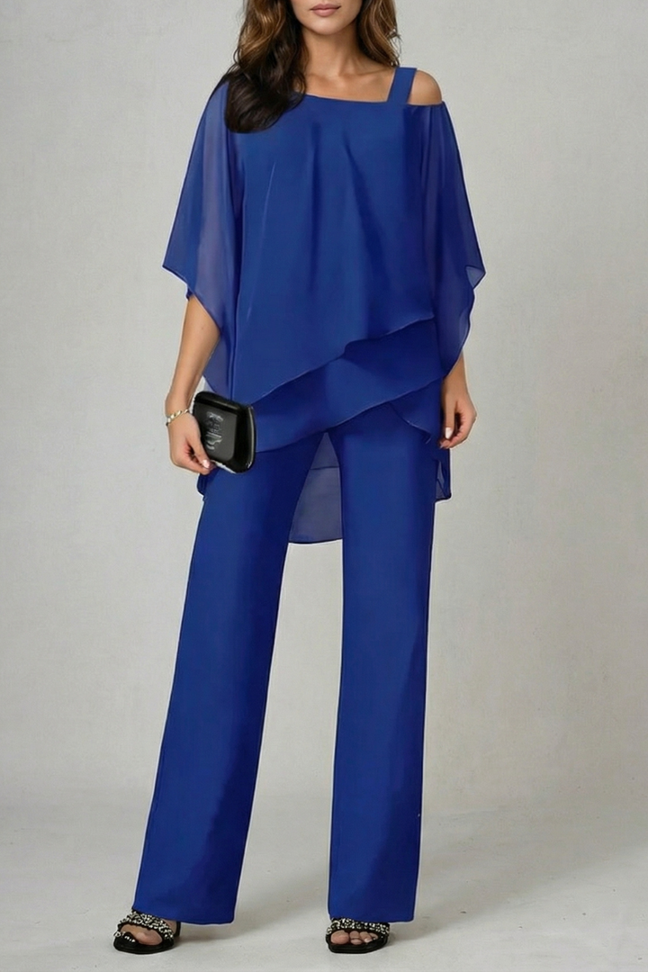 Élaria | Asymmetric Off-Shoulder Chiffon Top &amp; Trouser Set